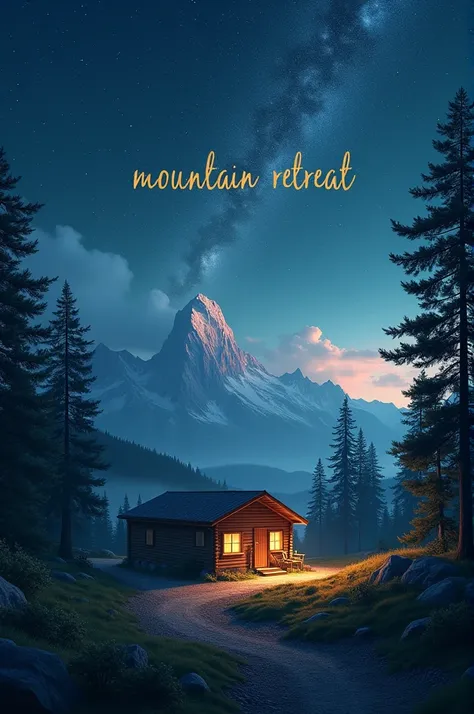 Mountain Retreat
"Create a serene mountain landscape with a cozy cabin. The center will feature Mountain Retreat and منتجع الجبال in golden letters. Show pine trees and a starry night sky above. Remember to include your name at the bottom."