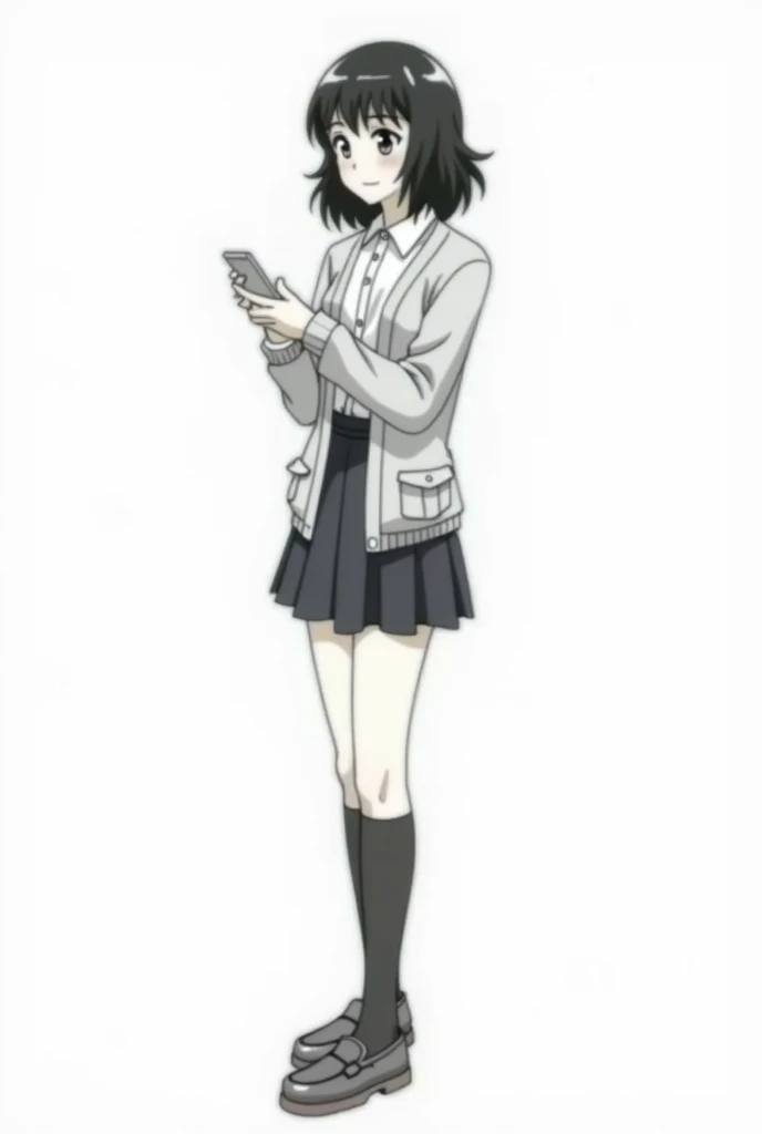 Black and white manga image in style of ghibli sexy girl in schoolgirl uniform with a cardigan sweater big breasts and shirt skirt and knee socks and loafers looking down at her mobile phone standing in front of a blank white board