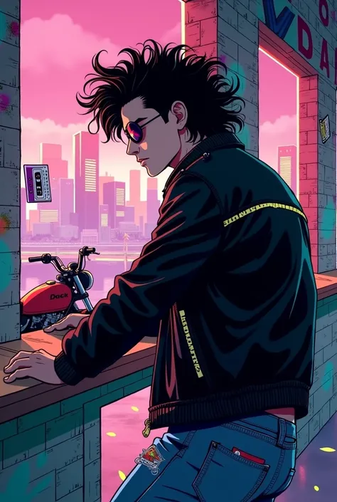  In the 90s anime version Create a scene set in the 90s , } with a vibrant and stylized touch typical of the time . The main focus is on a man with the curly black haircut with the curly mullet cut and with a gradient on the sides and short on the back and...