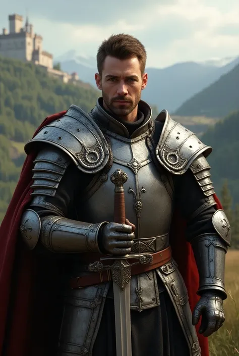 adult man with short brown hair brown eyes with medieval armor and a sword in his hand