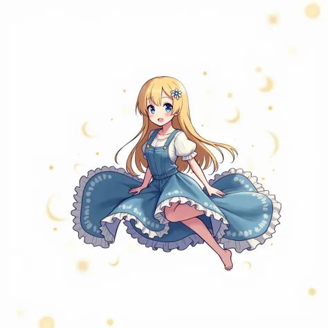  illustration that is big like a dress,Based on a ,I want you to draw the full picture ,Long Hair,  looks, smile, blue eyes, Blonde, Hair Clip,  glitter effect, Anime Style, Dont ruin the image of the character in the long denim skirt ,