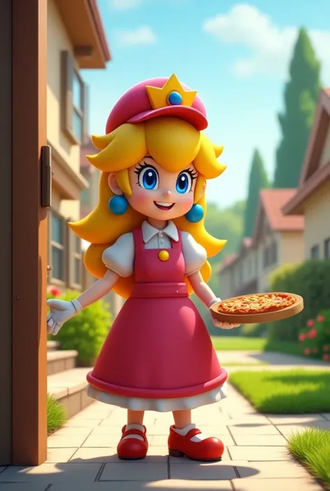 Princess peach from mario super brothers in a fast food uniform knocking on somebodys front door with pizza in her hands ready to deliver pizza. In the background it is sunny outside and she is in a nice neighborhood