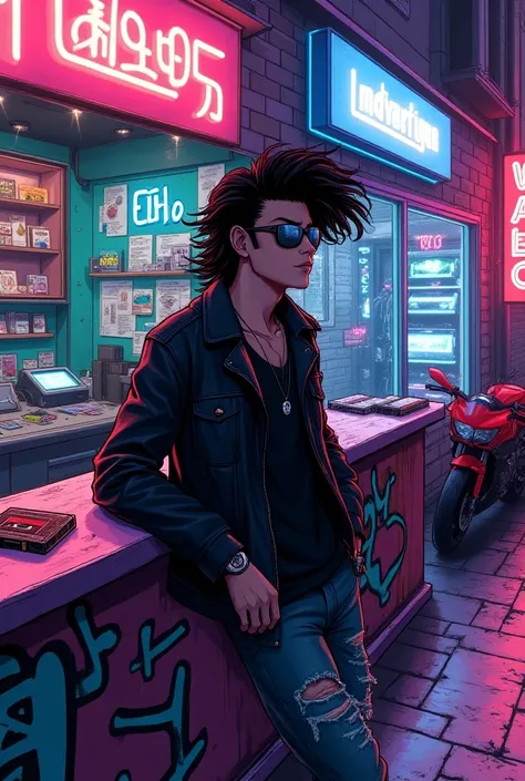  In the 90s anime version Create a scene set in the 90s , } with a vibrant and stylized touch typical of the time . The main focus is on a man with the curly black haircut with the curly mullet cut and with a gradient on the sides and short on the back and...