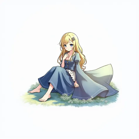  illustration,Dont ruin the image of the character in the Seventh Life Woman ,I want you to draw the full picture ,Long Hair,  looks, smile, blue eyes, Blonde, Hair Clip,  glitter effect, Anime Style, Dont ruin the image of the character in the long denim ...