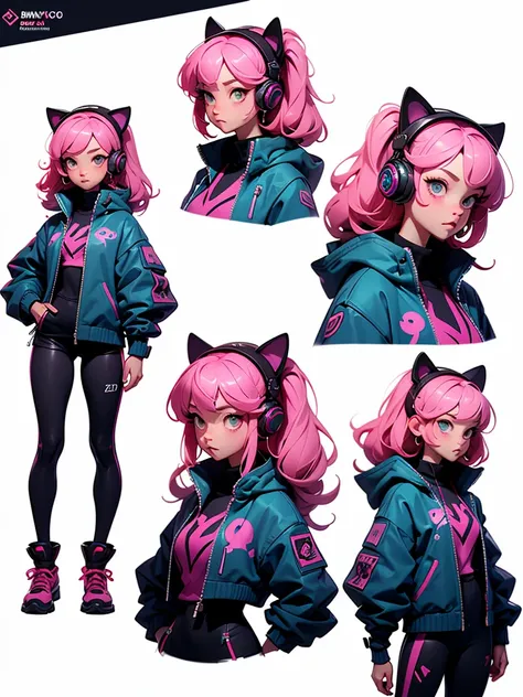 (multiple views, full body, upper body, reference sheet:1),anime character,cat girl,cyberpunk headphones,lots of hairpins on hai...