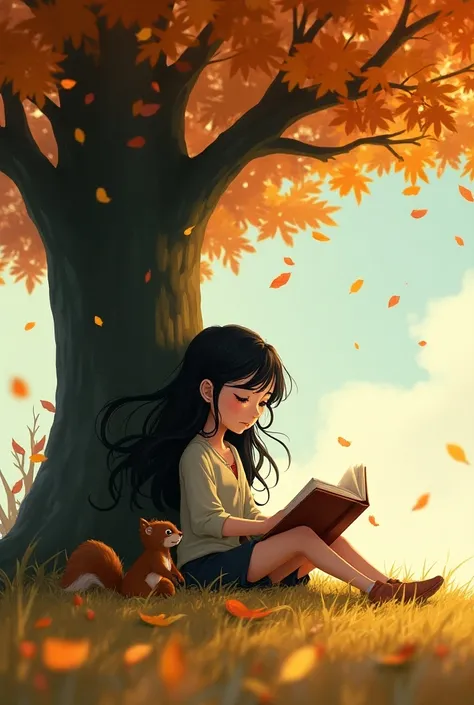 Realism A girl sitting under a tree. She has black hair blowing in the wind as she flips a page in the book she is reading. A squirrel is climbing down the tree from above and is looking at the book she is reading. The girl has her legs straight out in fro...