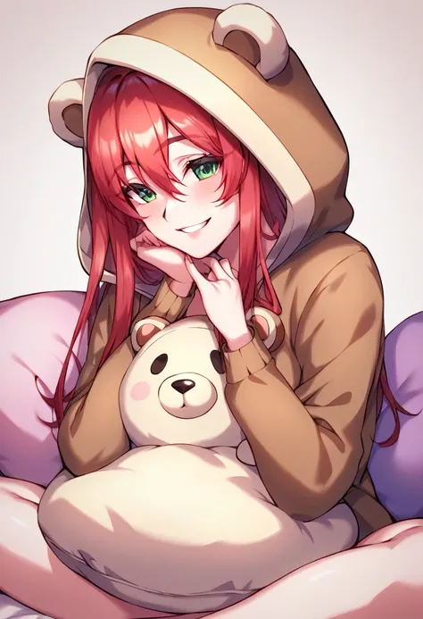 beautiful, ( masterpiece),  Better quality, (extremely detailed face), extremely detailed eyes,    perfect lighting , GeralDetalhe, detailed, deep skin, textured skin ,
,bear costume ,black bear costume, long sleeves, hood up,,mauve ,  long hair , green ey...