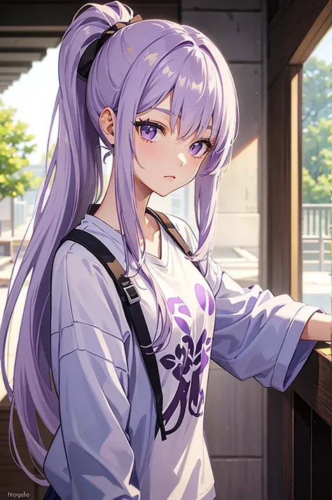 A tall teenage girl with ponytail hair, light purple hair, wearing casual clothes, High detailed. Hd