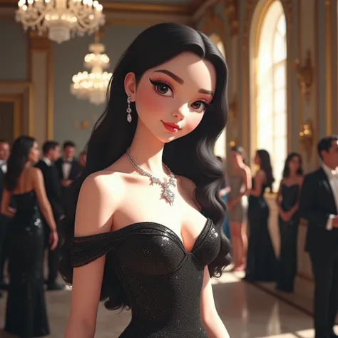 Italian Girl, Daughter of a Mafia Boss, wearing an shimmering black dress, young, at fancy event, amidst ornate grand hall, party goers in background, overly pale skin, elegance, black hair, diamond jewelry, diamond earrings, diamond necklace, off shoulder...