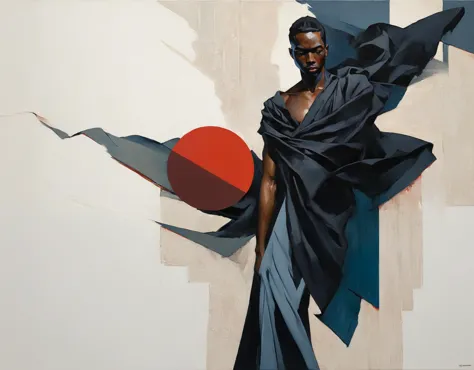 chiaroscuro technique on sensual illustration of an african american man and silky drapes, a thick textured oil painting, impast...