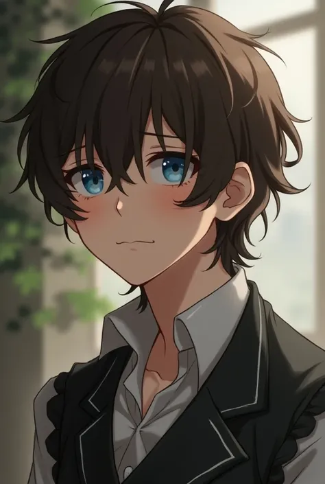 20 year old man, delgado, friendly, beautiful,  shoulder-length hair , curly hair and brown ,  Victorian-era peasant, blue eyes, anime, adult, sad 