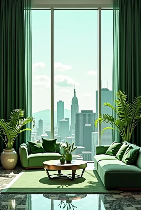 Create a luxurious green and white room ,  large Jenela background with city view