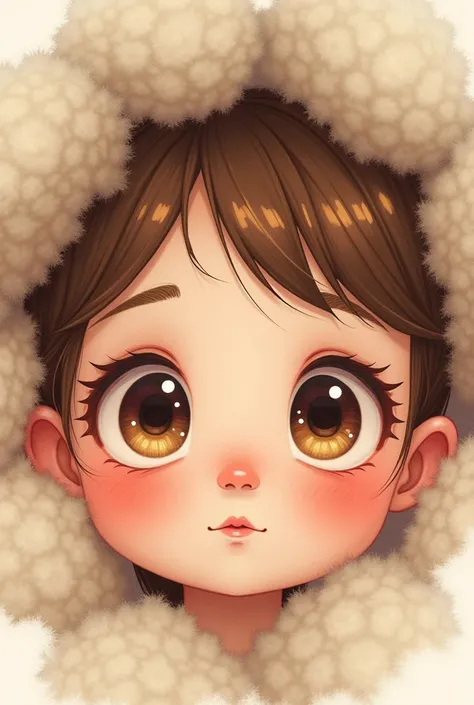 Cute girls face with woolly eyes, cute, illustration style, best picture quality.