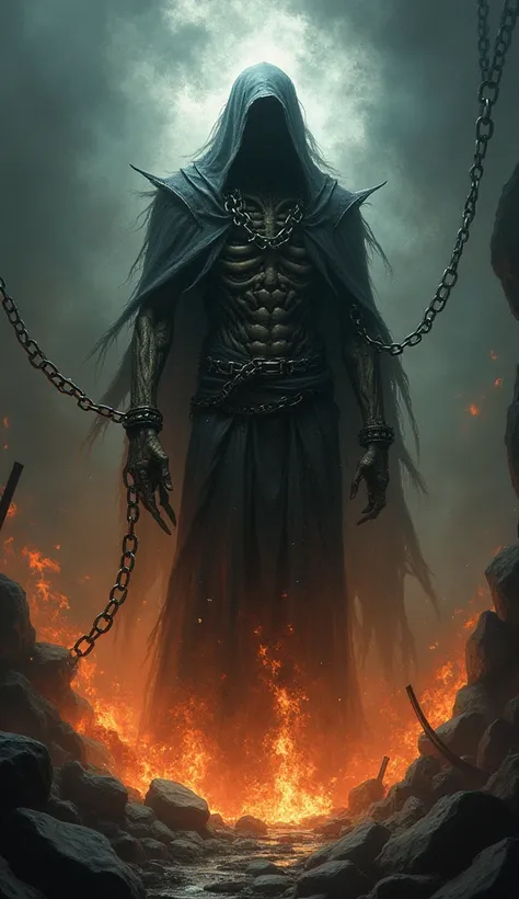 Cloak with aura  , no human, He was tormented in hell and his body was in chains