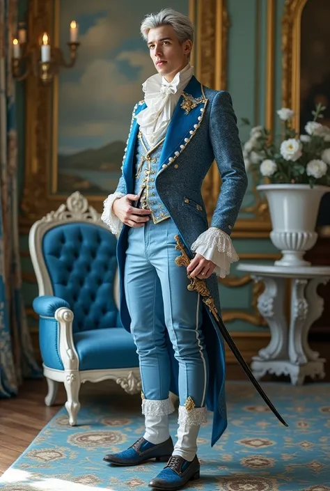 Very young man handsome muscular giant gray eyes blue or white or platinum hair dressed as a French aristocratic prince Rococo Steampunk suit blue and white tweed lace headdress pearls transparencies floral pattern dragons clouds jewelry earrings bows blue...