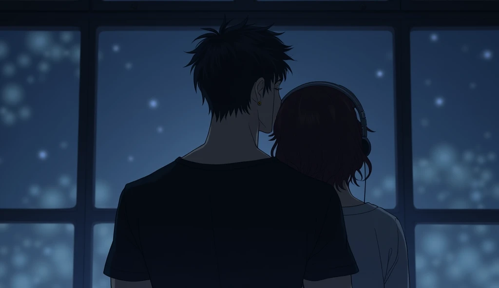  One wearing headphones and a black t-shirt， and the boy with black earrings ， standing in front of the window at night ， He looks at the window ， We can only see his back ，He is muscular，Fair skin，The window is big   。
 love story of a grown couple 。 
Gen...