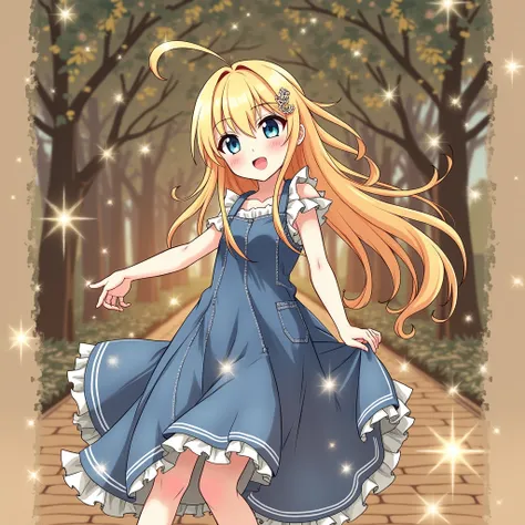  illustration that is big like a dress,Dont ruin the image of the character in the Seventh Life Woman ,I want you to draw the full picture ,Long Hair,  looks, smile, blue eyes, Blonde, Hair Clip,  glitter effect, Anime Style, Im wearing a long denim skirt ...