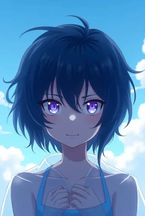  The image shows an anime character with short and messy hair in shades of dark blue.  His bright eyes have an intense violet color ,  which conveys a mystical or supernatural air .  The facial expression is subtly confident or mysterious , with a slight s...