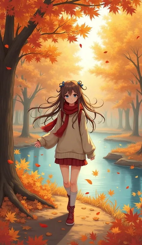 (masterpiece),  best quality , Super detailed, illustration, Warm light, Soft lighting,  Bright Color , 1 female, alone,(  beautiful girl , long hair, blue eyes, ribbon, brown hair,  Eye hair , hair ribbon,  Side buckle  , very long hair,  Messy Hair ,) , ...