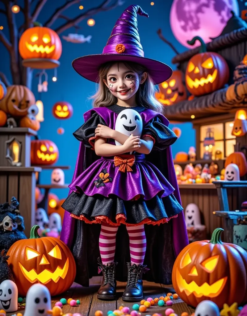 一张photography照片， a small witch in front of a halloween store ， there is a big moon in the distance ， surrounded by skyscrapers a...