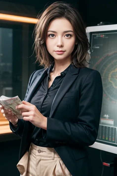 (best quality, 4k, 8k, highres, masterpiece:1.2), ultra-detailed, realistic, 
studio lighting, professional lighting, sharp focus, bokeh background, recording scene of a TV weather forecast program, 1gril, japanese girl weathercaster, (light smile:0.5), li...