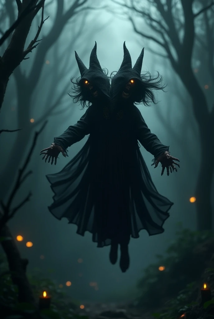 A create a 3D animation images two-headed witch soaring through a dark, enchanted forest, her long, flowing robes trailing behind her, surrounded by eerie mist and glowing eyes of hidden creatures."