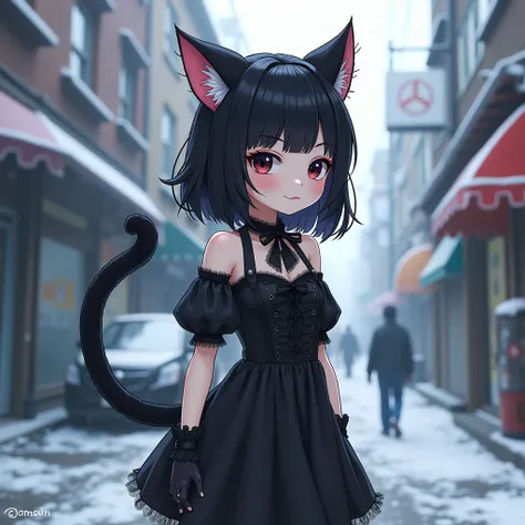 A young girl in a dress is standing on the sidewalk, Beautiful young cat girl, Cat ear girl, Bubble Goth, Black hair Black cat ears, Halloween style,  very beautiful cute cat girl , kemonomimi, Tumbler, nekomimi,  shes wearing streetwear , Cat ears and tai...