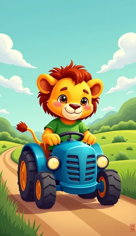 Cartoon style little lion green tshirt शेरु आसमानी कलर के ट्रैक्टर में कल्टीवेटर लगा हुआ है उसे सड़क पर चला कर ले जा रहा है