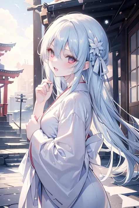 masutepiece, Highest Quality, (Perfect face:1.1), (high detailing:1.1), (ultradetailed eyes), Dramatic, superfine illustration, Extremely detailed, 1girl in, (pale skin), long light blue hair, Ethereal eyes, red eyes,tareme, (light eyebrow),blush,Solo,Smil...