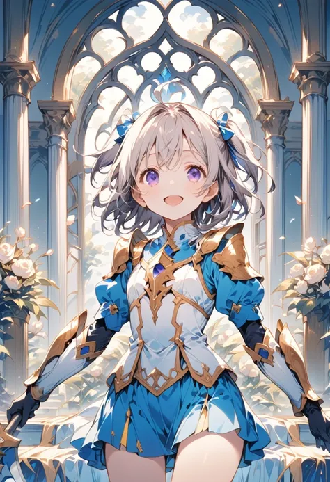 1 cute girl,
(silver hair, bob hair, two side up, messy hair, ahoge, light blue bow),
(dark purple eyes, tareme),
smile,
open mouth,

looking at viewer,

(platinum Valkyrie Armor Knight),
(light blue mini skirt, silver line),
(with a Halberd),

cowboy shot...