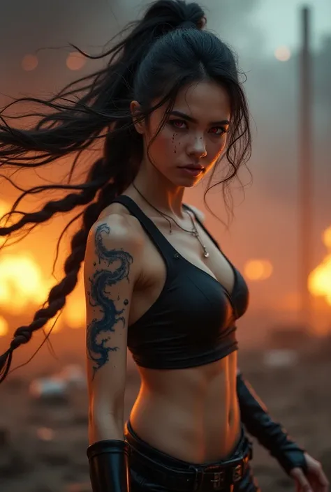 (masterpiece, Best quality), 1 girl, portrait, very sexy, crazy look, smile, crying, pink tears, tears on the cheeks, tears from eyes, full length (full body 1.1.), очень feminine, fighting stance, battle, fire, explosions, burning city, Beautiful waist, g...