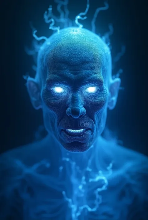 A symmetric portrait of a monster, evil frozen necromancer, features dissolving into frozen magic thin, luminescent blue lines. Weighted Voronoi stippling and laser caustics create a network, transitioning from hyperrealistic detail to abstract, quantum-in...