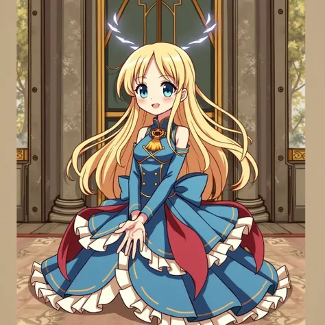 イラストのキャラをそのままAnime Styleに,Dont ruin the image of the character in the Seventh Life Woman ,I want you to draw the full picture ,Long Hair,  looks, smile, blue eyes, Blonde,  glitter effect, Anime Style,  dress in the anime style,The posture is standing , ch...