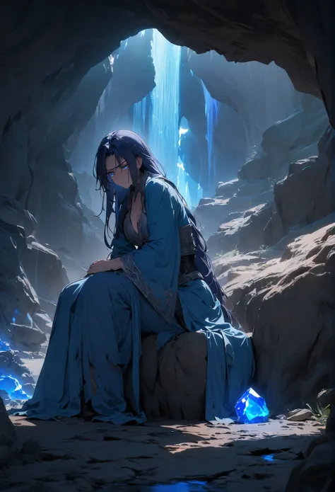 masterpiece, 8k,  best quality, Very detailed,  mature twentysomething seated, Paladin, Human female  & Blue Stone,  tattered ,  blue robe ,  dark blue hair, Long hair,  glowing blue eyes, very angry, hateful, Worn out, cave, Covered in scars, Sitting hesi...