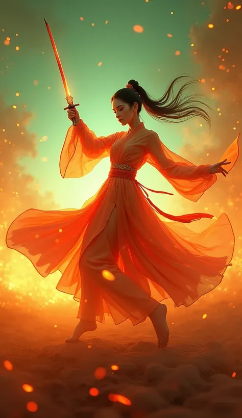  with flame in the background,  Chinese girl dancing sword , Fish-eye lens with fancy , Character, Upward Light, Ray tracing, rim light, glow effect,  Exaggerated action ,  Exaggerated angle of view , tangerine,  Green ,  realistic ultra-fine rendering win...