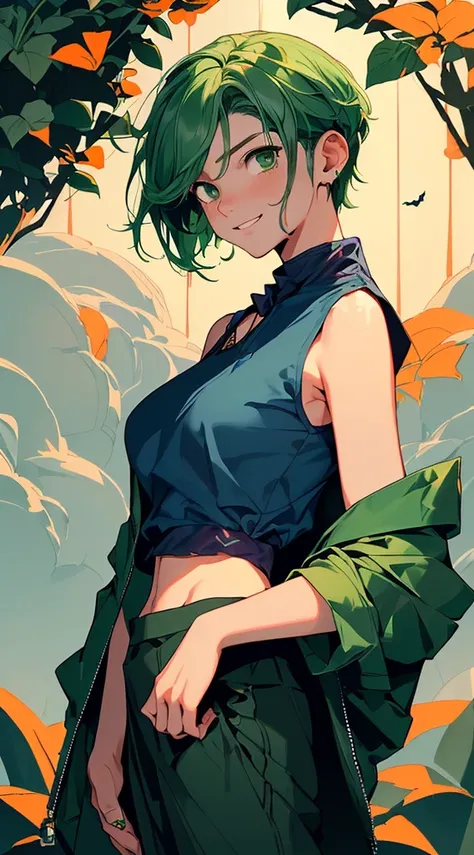 high-quality、Imagen de High quality、​masterpiece、Girl with((over 18 years old、 green tank top and navy jacket、Military pants、Best bust、Bust 90、green eyes、Open your chest wide、valley、happiness、A thin、smile、green handkerchief、 Survival suit ,)）High quality、b...