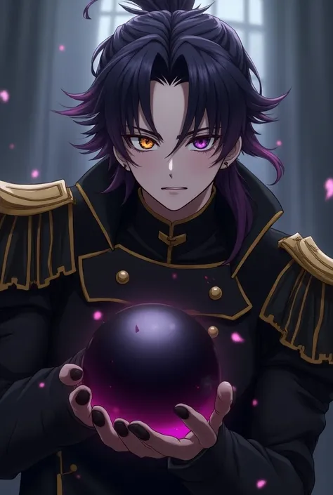 Adult anime boy.  purple hair with a black gradient tied with a tail ,  white skin, shaved beard,  a black eye with a yellow pupil , And the other gray .  He wears a black generals armor with yellow edges and holds a ball of darkness in his hand. 