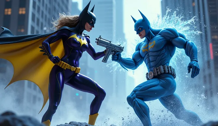 Realistic portrayal of Batgirl in a stylish, swimsuit-inspired outfit, featuring a sleek, deep purple design with yellow accents and a bat symbol. She is engaged in an intense battle with Mr. Freeze, who is wearing his classic 1966 light blue and silver su...