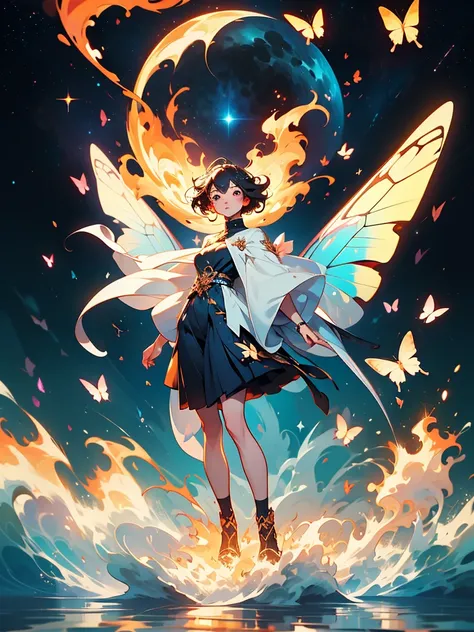 ((Masterpiece, Highest quality)),anime style, Detailed face,white background, full body,starry,stars,butterfly style,fairl like,1girl,short hair,glowing eyes,anime still,water waves,fire,