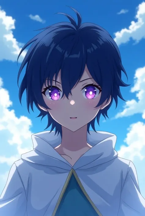  The image shows an anime character with short and messy hair in shades of dark blue.  His bright eyes have an intense violet color ,  which conveys a mystical or supernatural air .  The facial expression is subtly confident or mysterious , with a slight s...