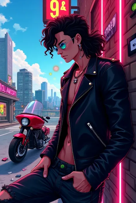  In the 90s anime version Create a scene set in the 90s , } with a vibrant and stylized touch typical of the time . The main focus is on a man with the curly black haircut with the curly mullet cut and with a gradient on the sides and short on the back and...