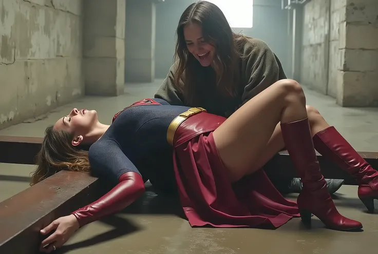 Melissa Benoist as Supergirl, laying and crucified with chain on the cross, tied wrists with chain to the cross, ((unconsciousness:1.9)), ((eyes close:1.9)), painful, in the underground prison, (((Melissa Benoist:1.8))), She is wearing a Supergirl costume ...