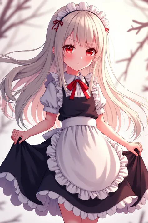  A boy in a maid dress ,  has long hair and red eyes, anime-style art 