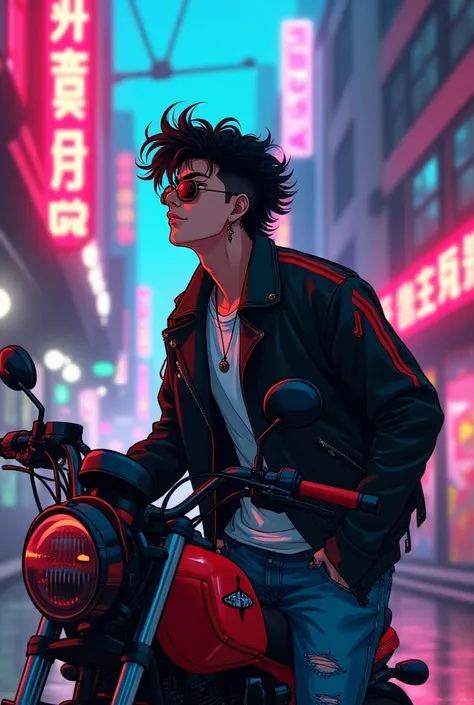  In the 90s anime version Create a scene set in the 90s , } with a vibrant and stylized touch typical of the time . The main focus is on a man with the curly black haircut with the curly mullet cut and with a gradient on the sides and short on the back and...