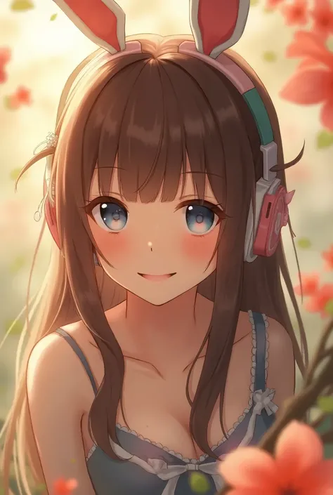 1girl, Solo, Long Hair,  Bangs, Smile, Blush, Blue eyes, Brown Hair, Ribbon, Hair Bow, Earrings, Rabbit Ears, Headphones, From Above, Backlighting, Best Quality, Anatomically Correct, Masterpiece, Textured Skin, Blush, Cowboy Shot, Hair Ribbon, Bloom, Arti...