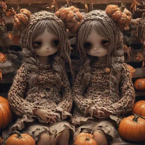  Comfortable clothes 、Bat Ears, Couple  、  holding hands surrounded by pumpkins、whole body、 horror images  