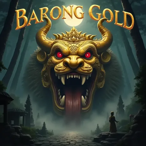  The head of the Golden Barong of Bali looked huge and terrifying ,  with glaring red eyes ,  sharp golden fangs protruding from his mouth , as well as pointed horns .  His gold-ornamented crown resembled dangerous horns,  adding to the mystical and intimi...