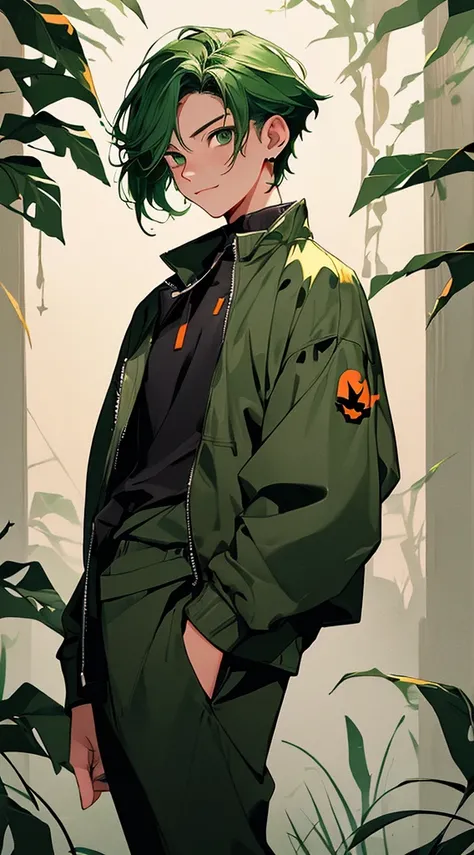 high-quality、Imagen de High quality、​masterpiece、Girl with((over 18 years old、closed green jacket 、Military pants、Best bust、Bust 90、green eyes、Dark Valley、happiness、A thin、smile、green handkerchief、 Survival suit ,)）High quality、beautiful art、Background wit...