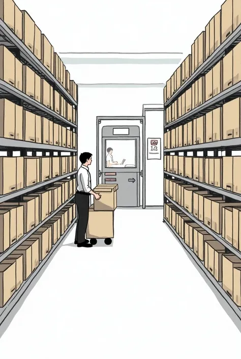 Create an easy drawing for the loan of file 23 of box 8 of side b in shelf 4 with two corridors right aisle of the warehouse. As a result, graph it with a drawing 