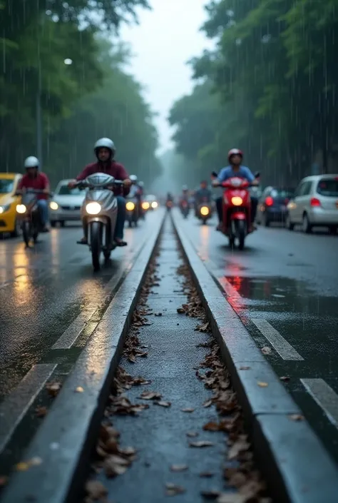 Create IoT device enabled drains covered with mesh for draining only rain water. Show Bangalore busy city road with traffic on heavy rainfall day. IoT enabled drains are placed on either side edges of road 